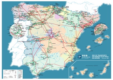 Mapa de conexiones eléctricas en España. Fuente Red Eléctrica